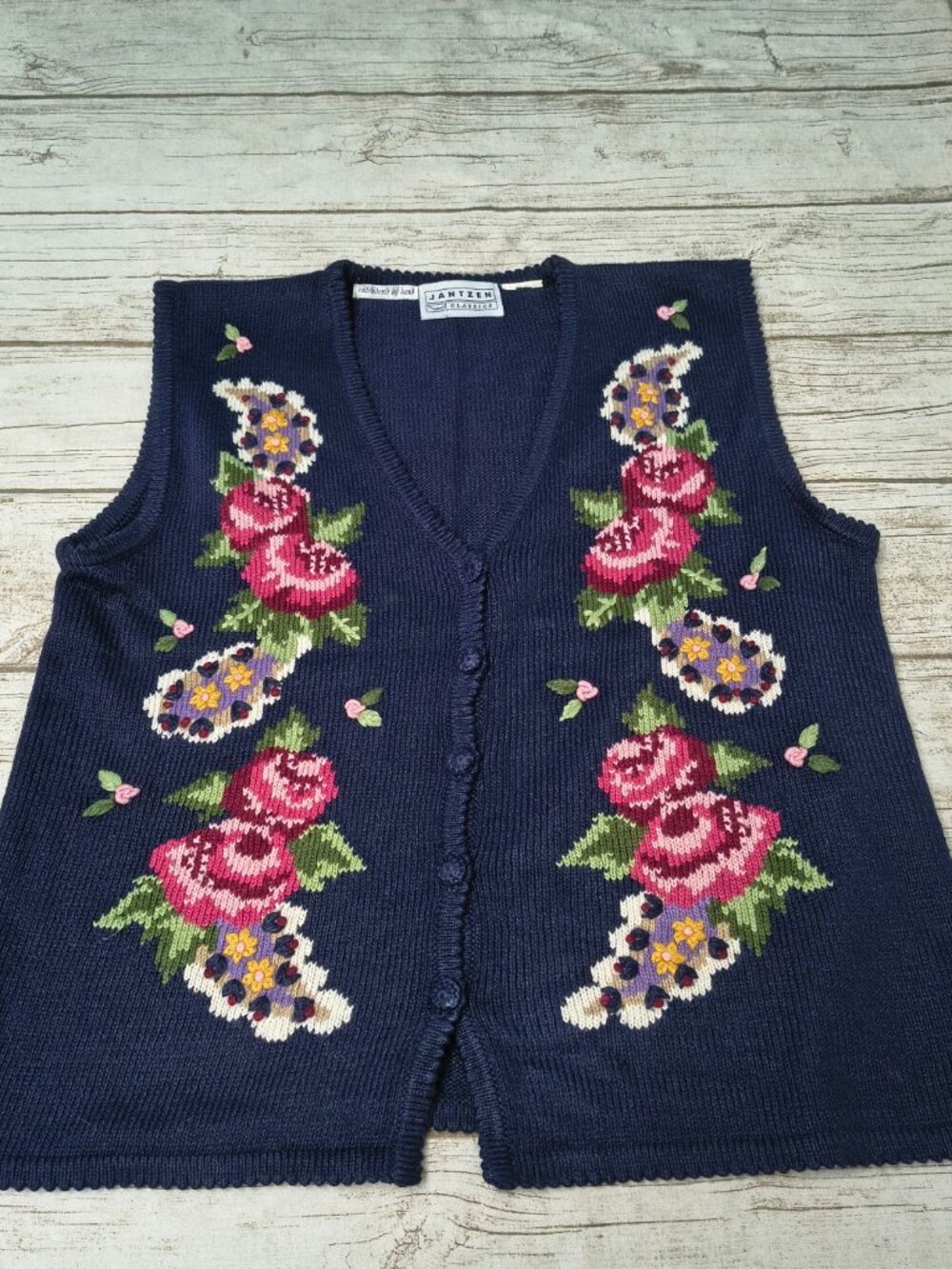 Vintage Jantzen Classics Sweater Vest Womens Hand Embroidered Floral Navy Blue